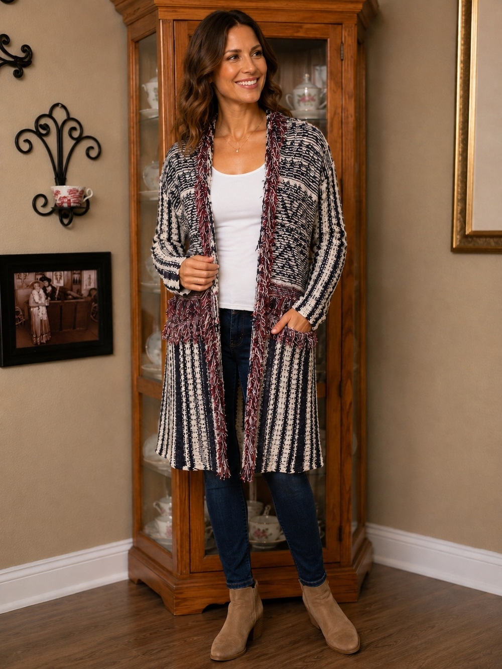 Boho Long Open Front Knit Cardigan Navy Cream Burgundy Fringe Geometric Sweater